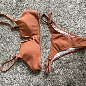 SHEIN Rust Orange Ribbed Cutout Bikini Set